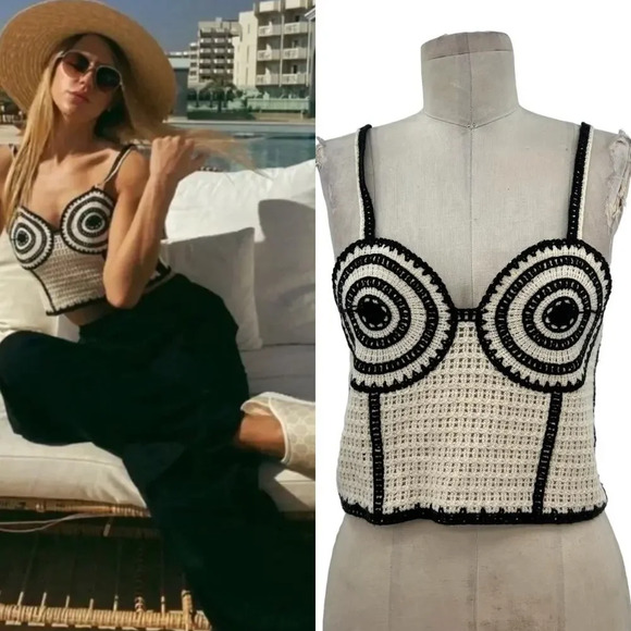 Zara Tops - Zara Crochet Corset Cream‎ Black Knit Tank Top Size Medium